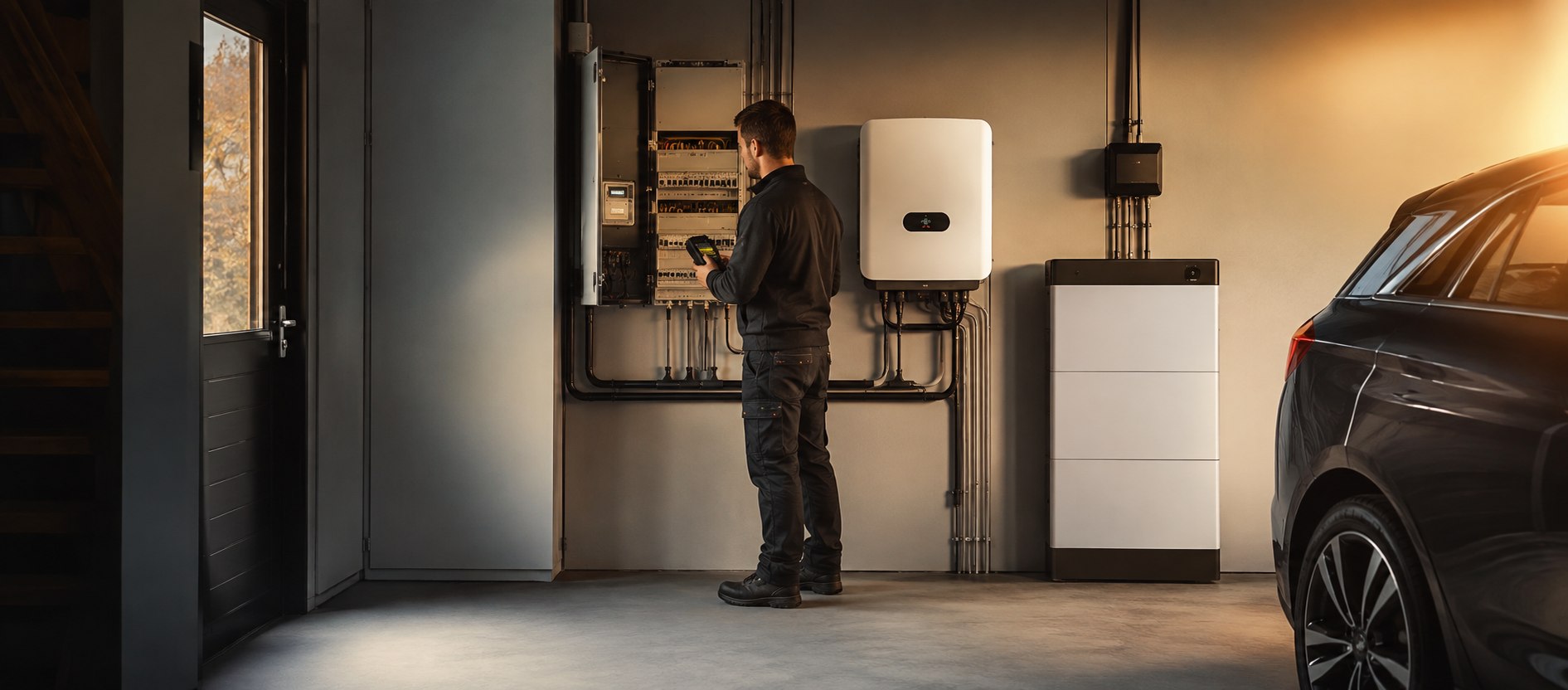 Installateur controleert een nette thuisbatterij en elektrische installatie
